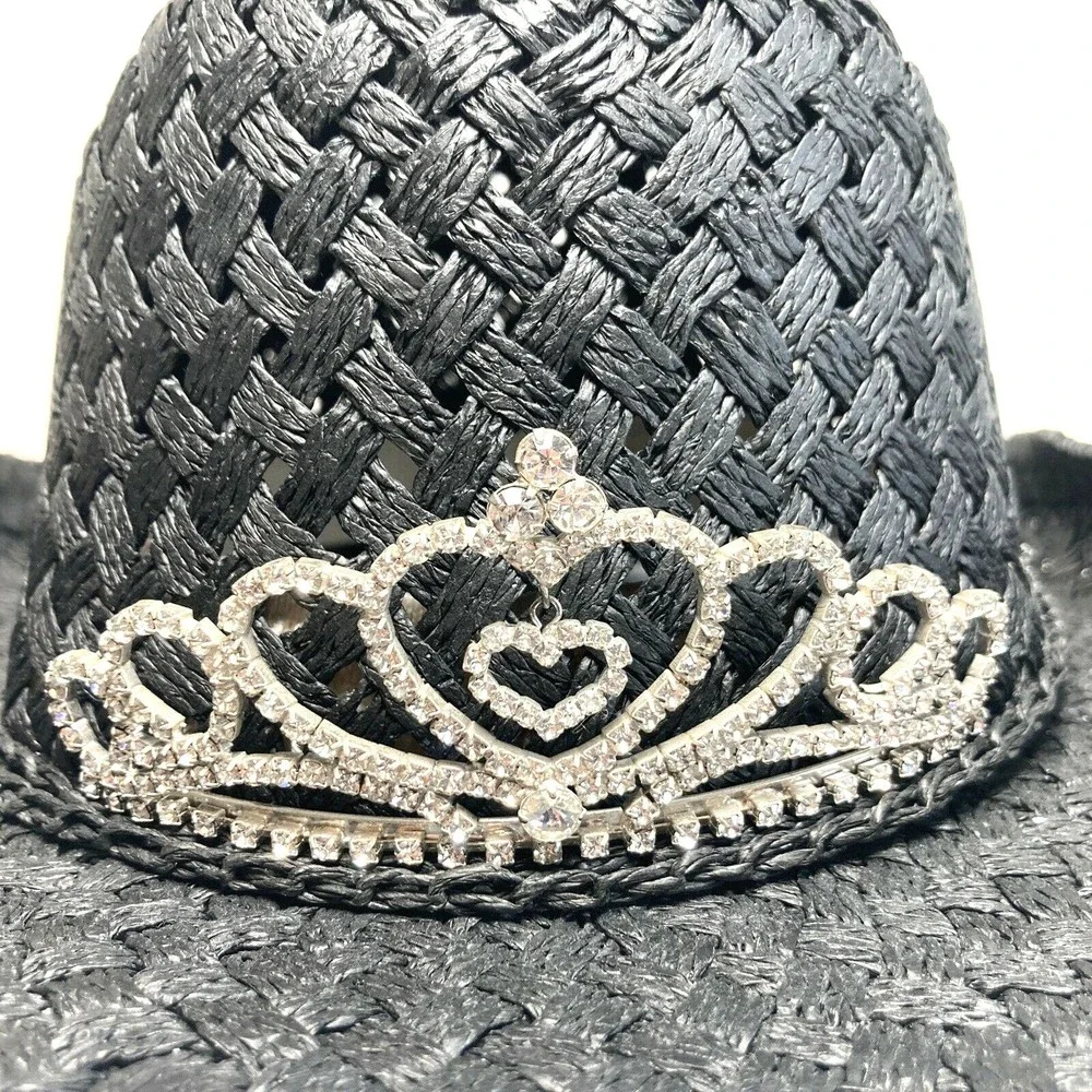 Black Straw Girls Rodeo Cowboy Hat W/ Tiara Elastic Band Inside Comfort Fit